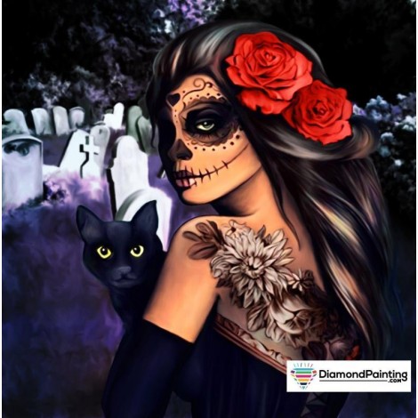 Skull Lady With Cat Diamond Painting Kit